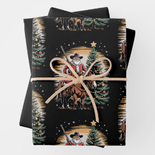 Santa Claus Cowboy Vintage Christmas Tree Western Wrapping Paper Sheet