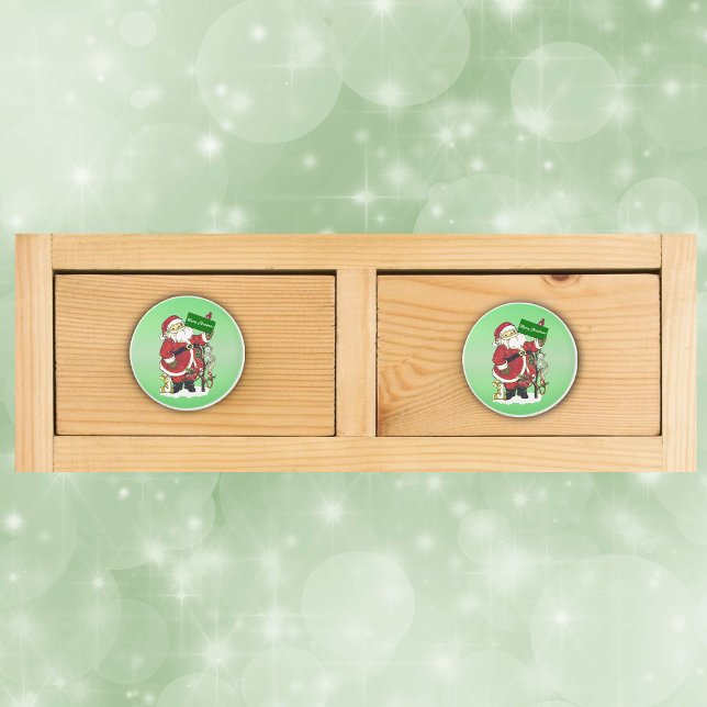 Santa Claus Cute Animals Merry Christmas Ceramic Knob (Santa Claus Merry christmas sign tree cute animals in snow on green drawer knobs.)