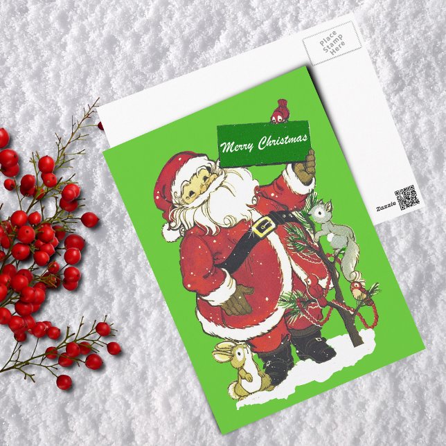 Santa Claus Cute Animals Merry Christmas Holiday Postcard (Cute Santa claus animals decorated tree snow on green Merry Christmas postcard.)