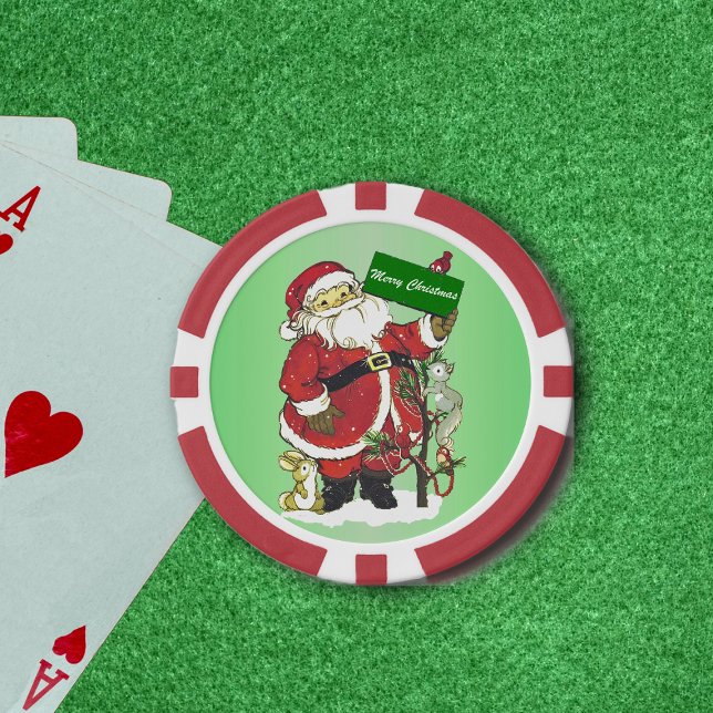 Santa Claus Cute Animals Merry Christmas Poker Chips (Cute Santa Claus in snow little animals decorated tree Merry Christmas sign on green poker chips.)