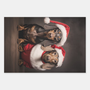 Santa Claus Dachshund Twins Wrapping Paper Sheet