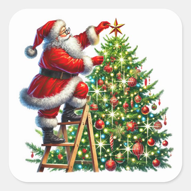 Santa Claus Decorating a Christmas Tree in Winter Square Sticker (Front)