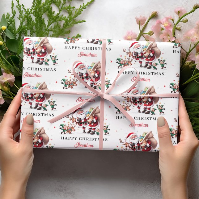 Santa Claus Deer Happy Christmas Personalised Name Wrapping Paper (Creator Uploaded)