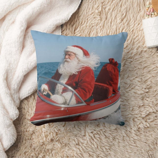 Santa Claus Delivering Gifts By Speedboat Cushion (Blanket)