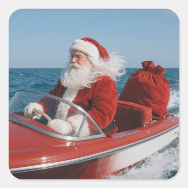 Santa Claus Delivering Gifts By Speedboat Square Sticker (Front)