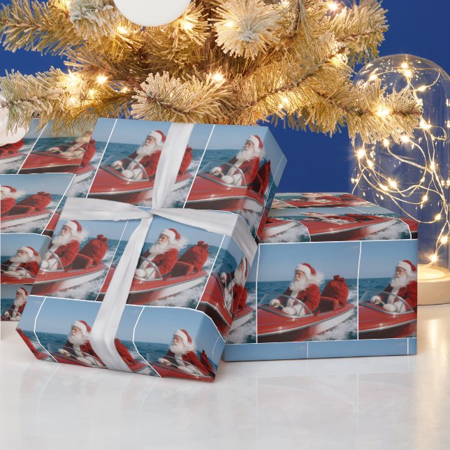 Santa Claus Delivering Gifts By Speedboat Wrapping Paper (Holidays)