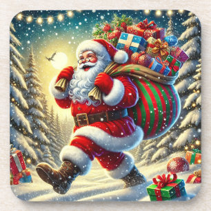 Santa Claus Delivering Gifts in a Snowy Christmas Coaster