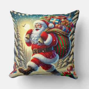 Santa Claus Delivering Gifts in a Snowy Christmas Cushion