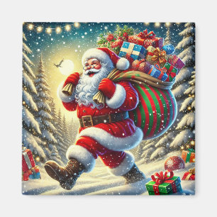 Santa Claus Delivering Gifts in a Snowy Christmas Magnet