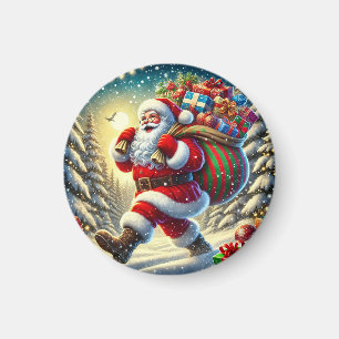 Santa Claus Delivering Gifts in a Snowy Christmas Magnet