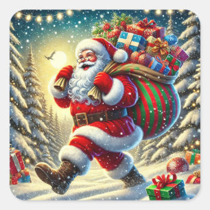 Santa Claus Delivering Gifts in a Snowy Christmas  Square Sticker