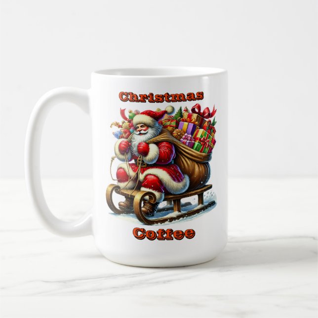 Santa Claus Delivering Gifts on a Snowy Sleigh Coffee Mug (Left)