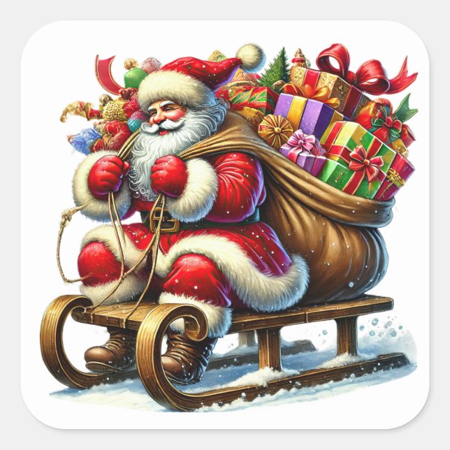 Santa Claus Delivering Gifts on a Snowy Sleigh Square Sticker (Front)
