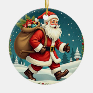Santa Claus Delivering Gifts Through Snowy Forest Ceramic Ornament