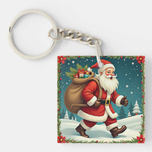 Santa Claus Delivering Gifts Through Snowy Forest Key Ring
