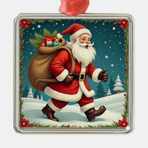 Santa Claus Delivering Gifts Through Snowy Forest Metal Ornament