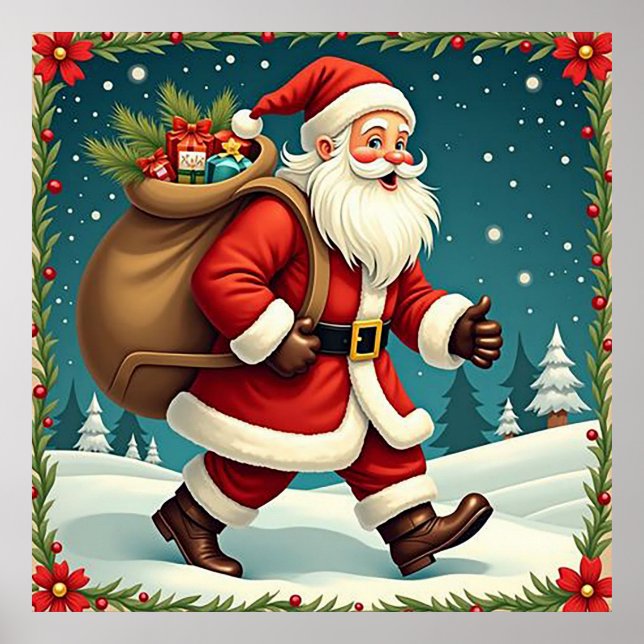 Santa Claus Delivering Gifts Through Snowy Forest Poster (Front)