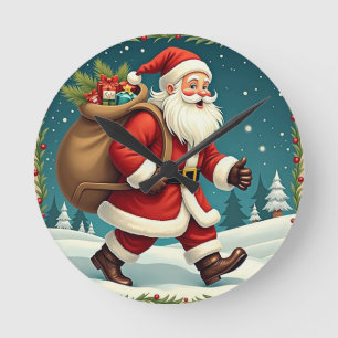 Santa Claus Delivering Gifts Through Snowy Forest Round Clock