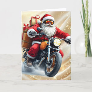 Santa Claus Delivering Packages on Motorcycle Holiday Card