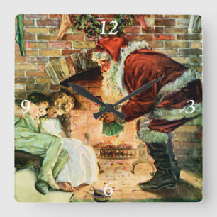 Santa Claus Delivering Presents Square Wall Clock