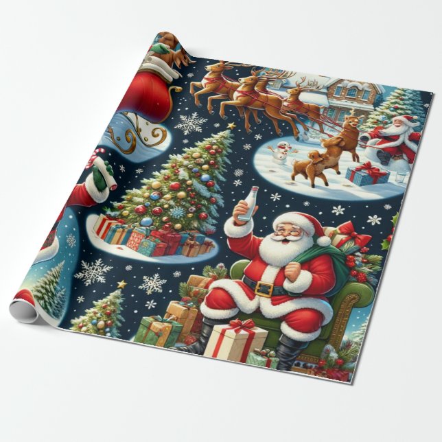 Santa Claus depicted in various joyful activities Wrapping Paper (Unrolled)