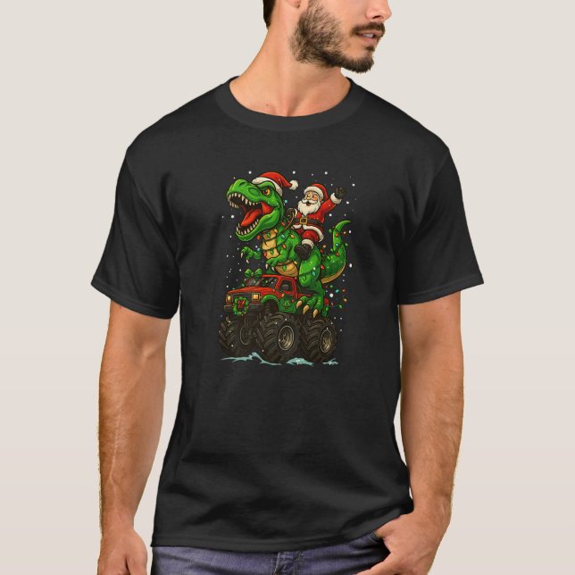 Santa Claus Dinosaur Trex Monster Truck Merry Xmas T-Shirt (Front)