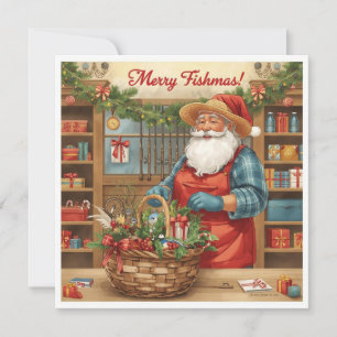 Santa Claus doing gift basket is Fishing Shop Holiday Card