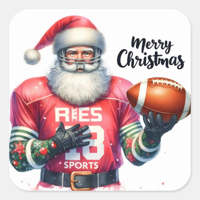 Santa Claus Dressed in Sports Gear With a Football Square Sticker (Front)