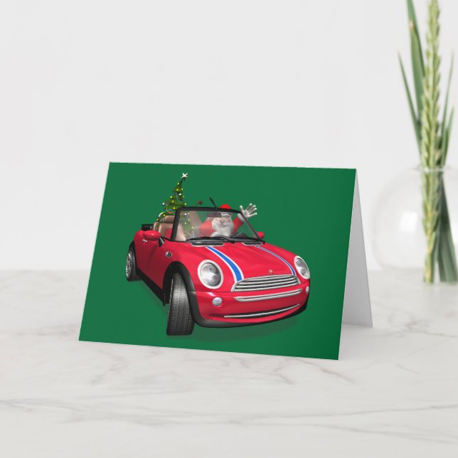 Santa Claus Driving A Mini Holiday Card (Front)