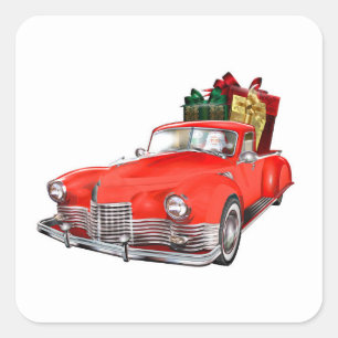 Santa Claus driving a retro car with giftsb Square Sticker