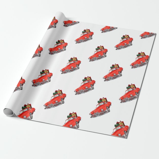 Santa Claus driving a retro car with giftsb Wrapping Paper (Unrolled)