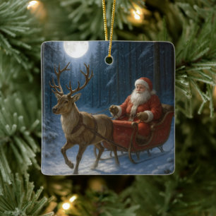 Santa Claus Driving a Sleigh In Moonlight Ceramic Ornament