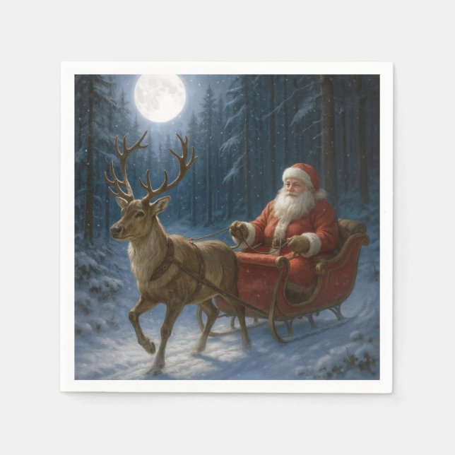 Santa Claus Driving a Sleigh In Moonlight Napkin (Front)