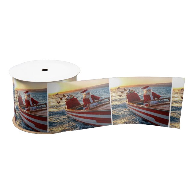 Santa Claus Driving a Speedboat Satin Ribbon (Spool)