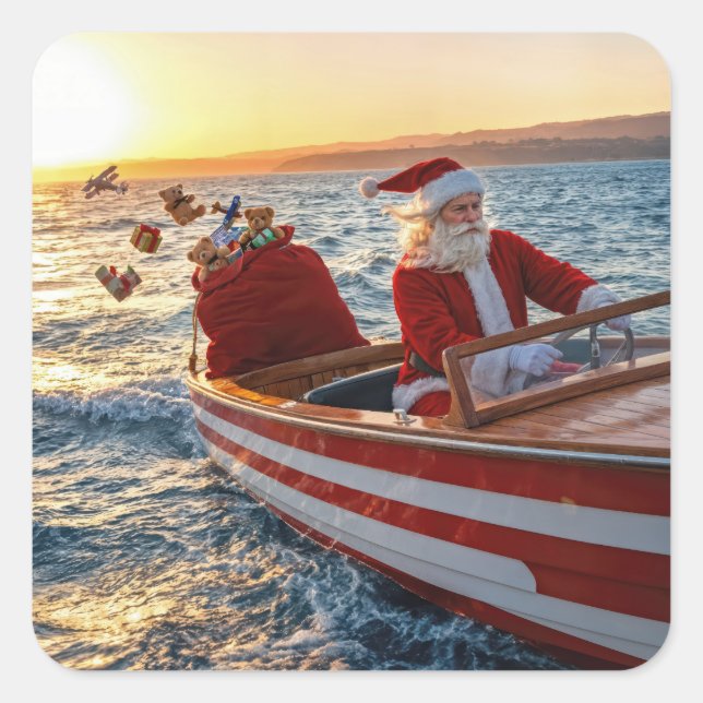 Santa Claus Driving a Speedboat Square Sticker (Front)