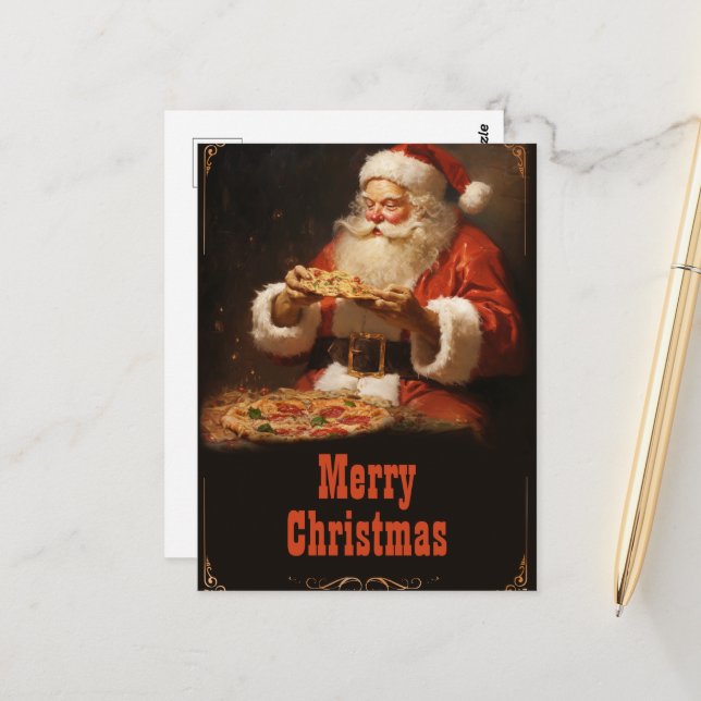 Santa Claus Eating Pizza Postcard (Front/Back In Situ)