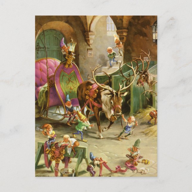 Santa Claus' Elves In HIs North Pole Workshop Holiday Postcard (Front)