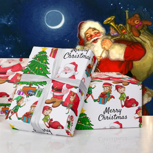 Santa Claus & Elves on Christmas Eve Delivery Wrapping Paper (Creator Uploaded)