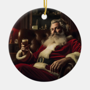 Santa Claus Enjoying a Festive Drink Ceramic Ornament
