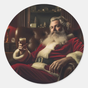 Santa Claus Enjoying a Festive Drink  Classic Round Sticker