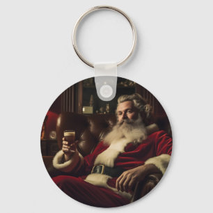 Santa Claus Enjoying a Festive Drink Key Ring