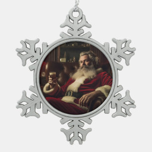Santa Claus Enjoying a Festive Drink Snowflake Pewter Christmas Ornament
