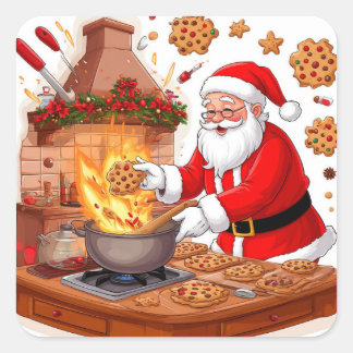 Santa Claus Enjoying Christmas Dinner By Fireplace Square Sticker