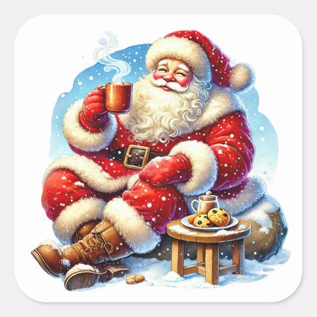 Santa Claus Enjoying Cookies and Warm Drink Square Sticker (Front)
