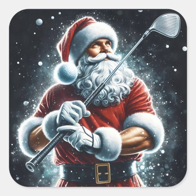 Santa Claus Enjoying Winter Golf While Snow Falls Square Sticker (Front)