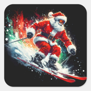 Santa Claus Enjoys Skiing in a Winter Wonderland Square Sticker