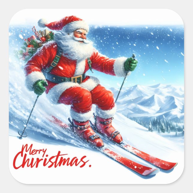 Santa Claus Enjoys Skiing on Snowy Mountains Square Sticker (Front)