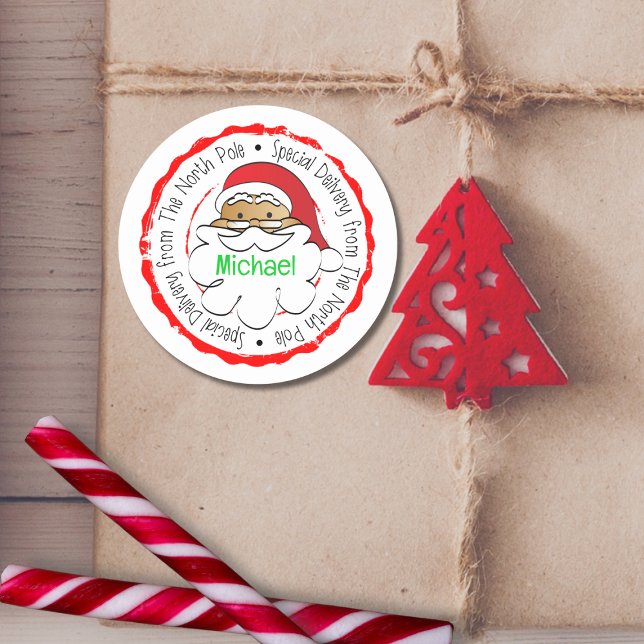 Santa Claus Ethnic Kids Special Delivery Cartoon Classic Round Sticker (Creator Uploaded)