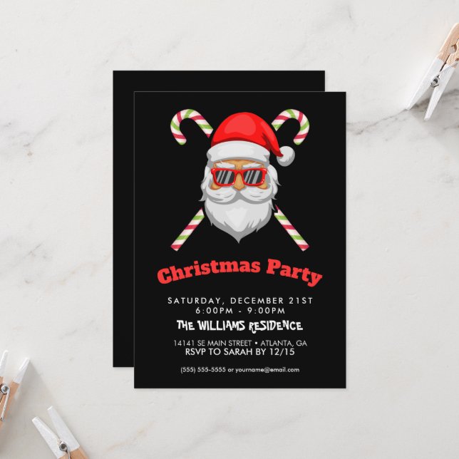 Santa claus face sunglasses sweet cane invitation (Front/Back In Situ)