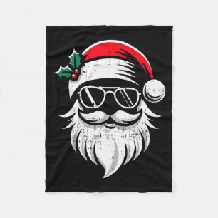 Santa Claus Face Sungles With Hat Beard Christmas Fleece Blanket
